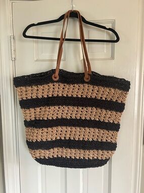 Paper Raffia striped large tote with leather attachable wallet black & tan New